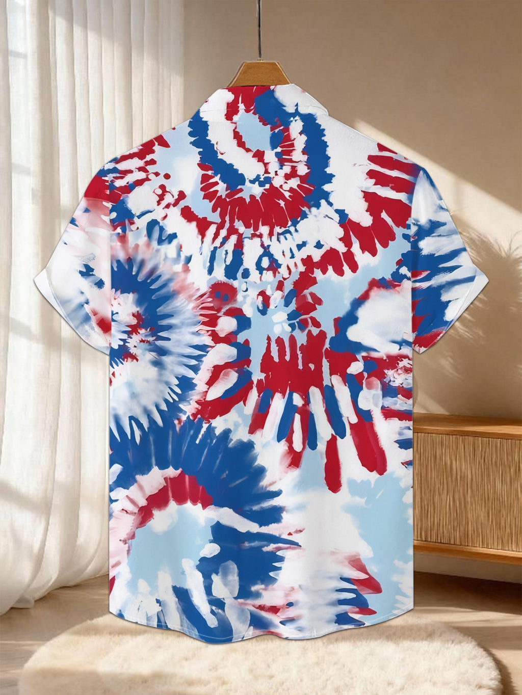 New Men'S Casual Short-Sleeved Shirt Red Blue White Tie-Dye Swirl, Rich Gradient, Holiday Party Commuting Versatile Casual Top, Polyester Fabric Machine Washable, Button Print Shirt