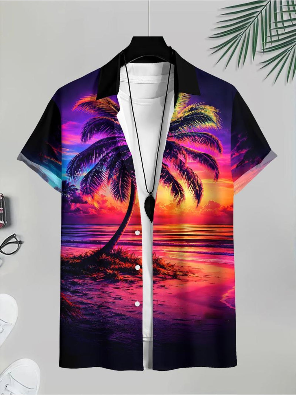 New Men'S Casual Short Sleeve Button-Up Shirt, Tropical Beach Sunset Print, Material, Multiple Sizes Available, Suitable for Beach Vacation And Daily Wear, Fashionable And Comfortable, Perfect for Daily Commute, Casual Outings, Dates