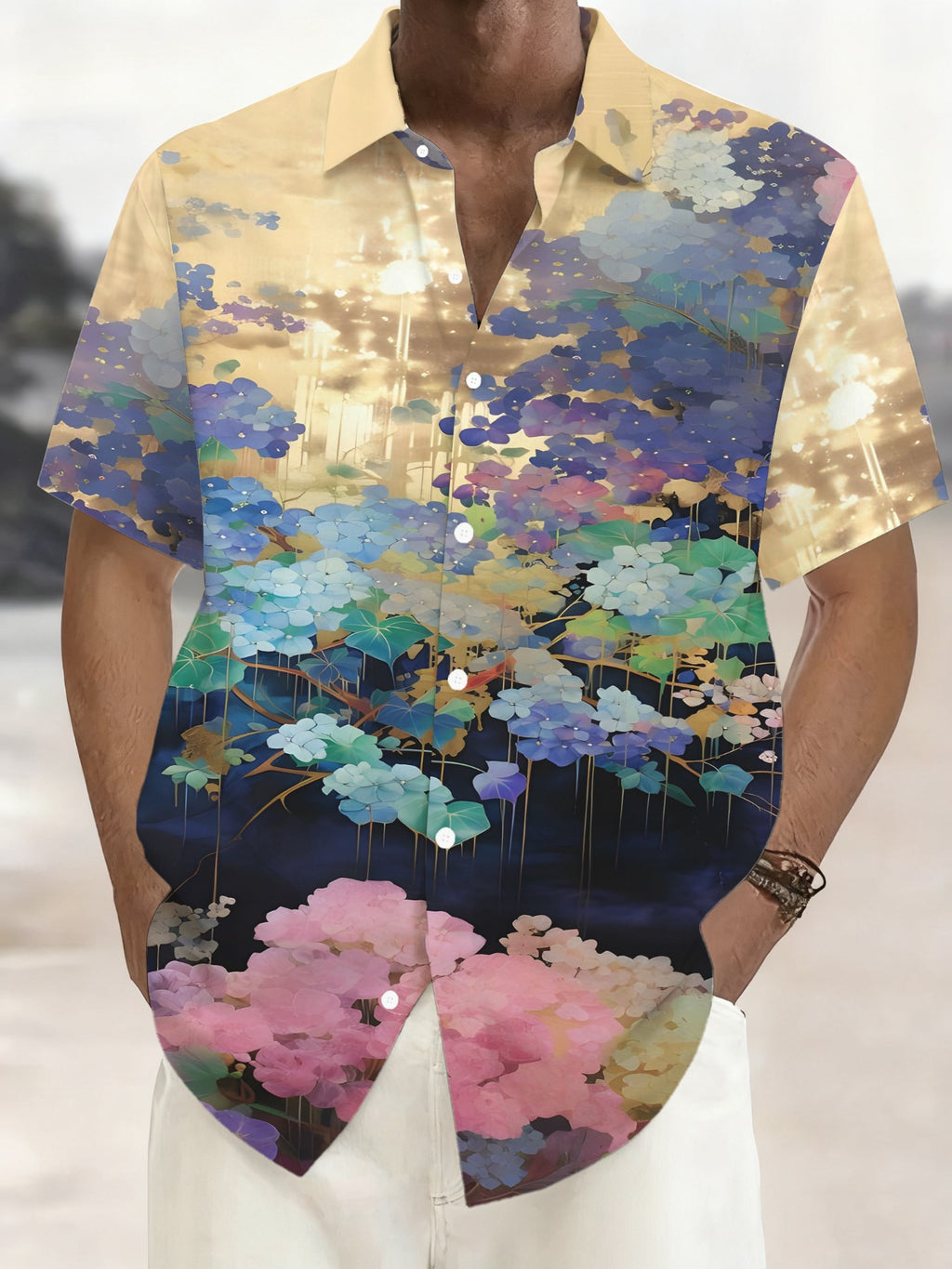 Fashionable Hawaiian Men's Casual Shirt with Floral Pattern, Regular Fit Lapel Collar, Front Button Closure, Outdoor Travel Apparel