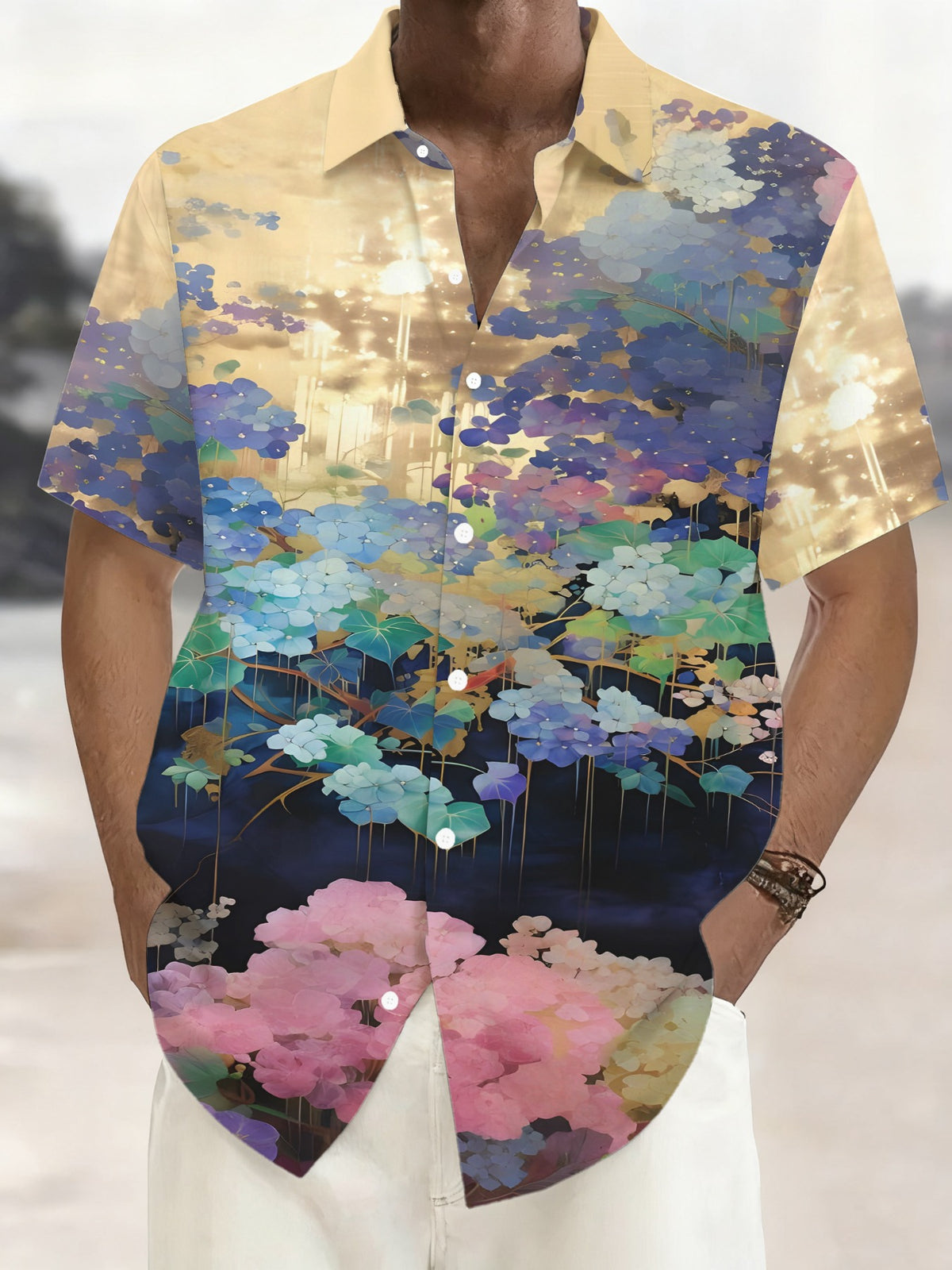 Fashionable Hawaiian Men's Casual Shirt with Floral Pattern, Regular Fit Lapel Collar, Front Button Closure, Outdoor Travel Apparel