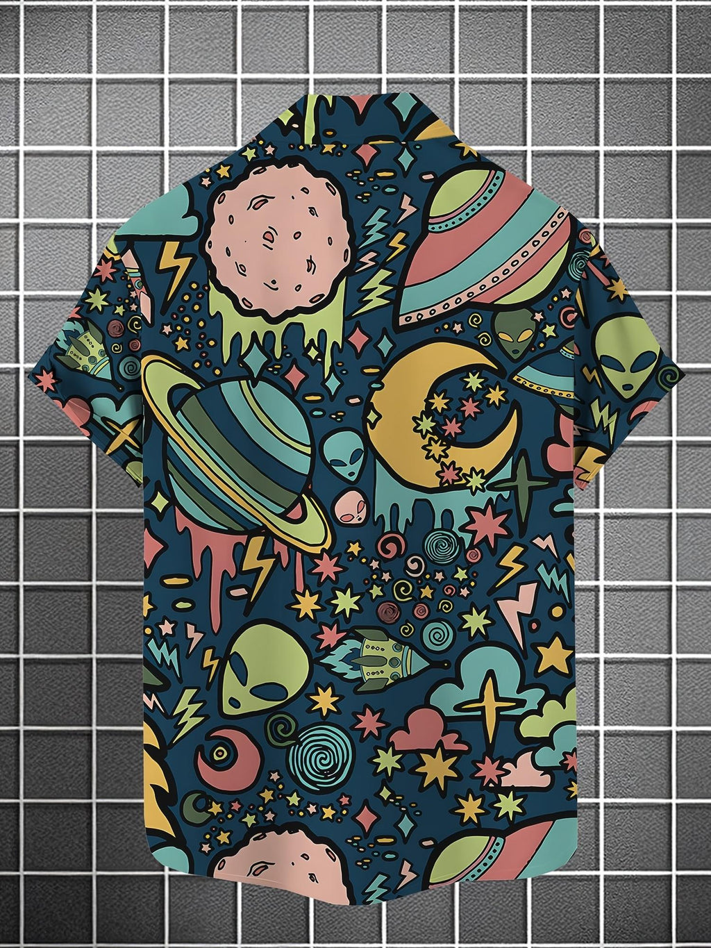 Men's Summer Casual Planet Alien Print Shirt - Breathable, Short Sleeve, Hawaiian Style, Summer Outdoor Vacation, Breathable Tropical Beach Short Sleeve, Lapel Button-Up Casual Shirt, Suitable for Summer Vacation