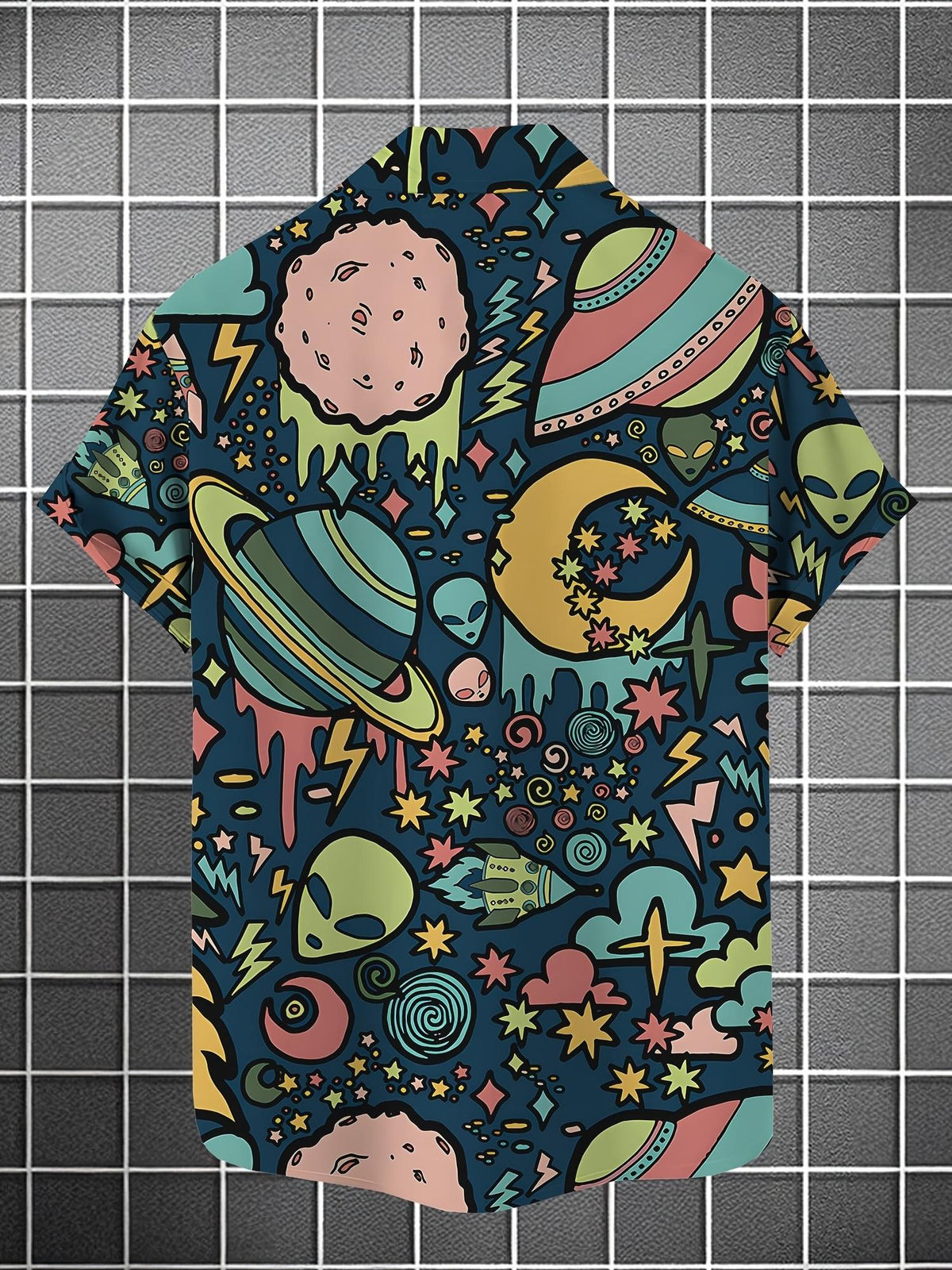 Men's Summer Casual Planet Alien Print Shirt - Breathable, Short Sleeve, Hawaiian Style, Summer Outdoor Vacation, Breathable Tropical Beach Short Sleeve, Lapel Button-Up Casual Shirt, Suitable for Summer Vacation