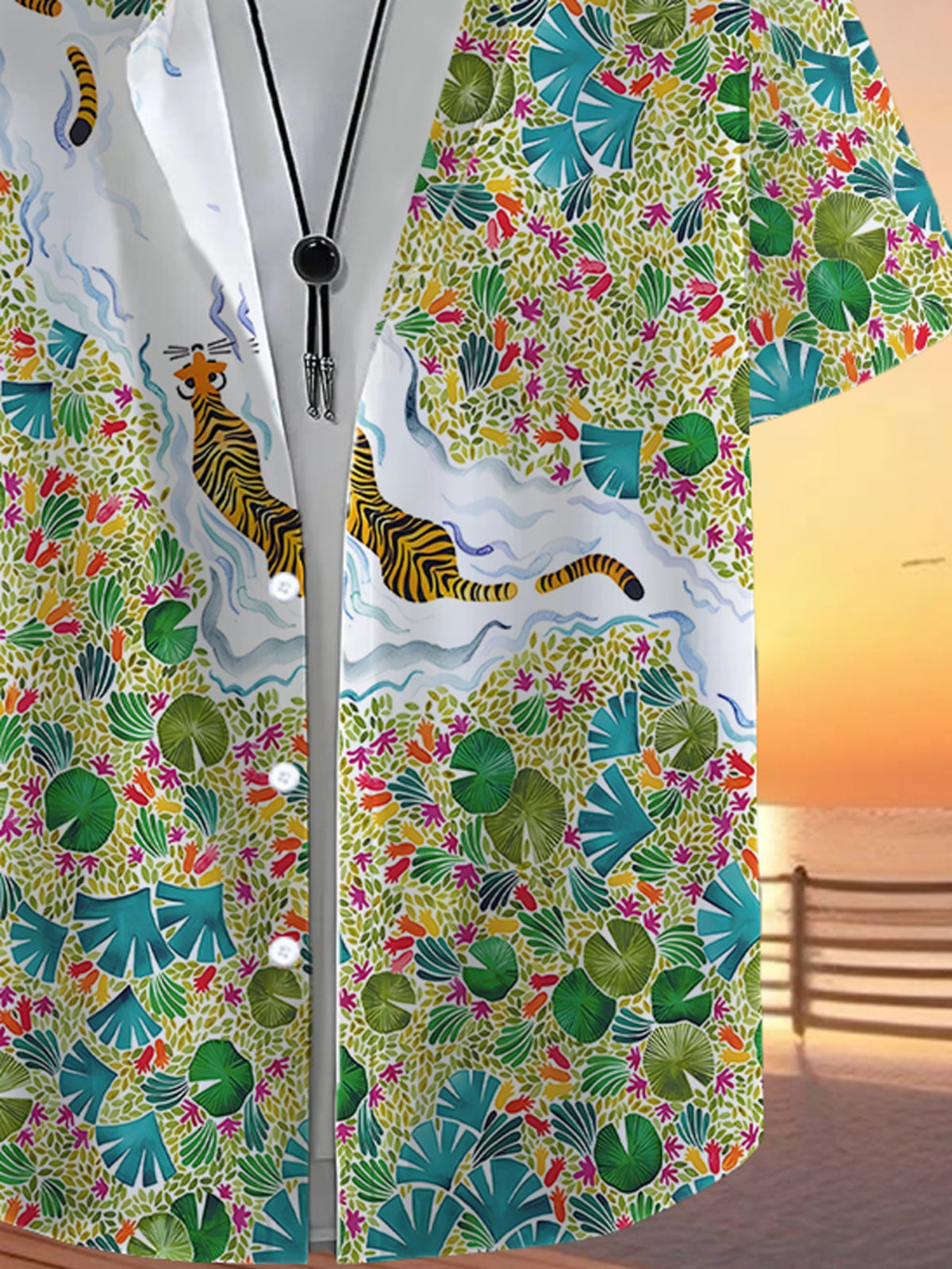 Men'S Casual Shirt Featuring a Trendy Tropical Plant And Tiger Design - Short-Sleeved with Button Details, Perfect for Summer Outdoor And Leisure Wear