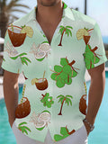 Men's Casual Digital Print Regular Fit Short Sleeve Shirt, Coconut Palm Tree Cartoon Style in Light Green, Stylish and Elegant Dopamine Party Top, Men's/Printed/Summer/Clothes/Apparel/Trendy/Streetwear