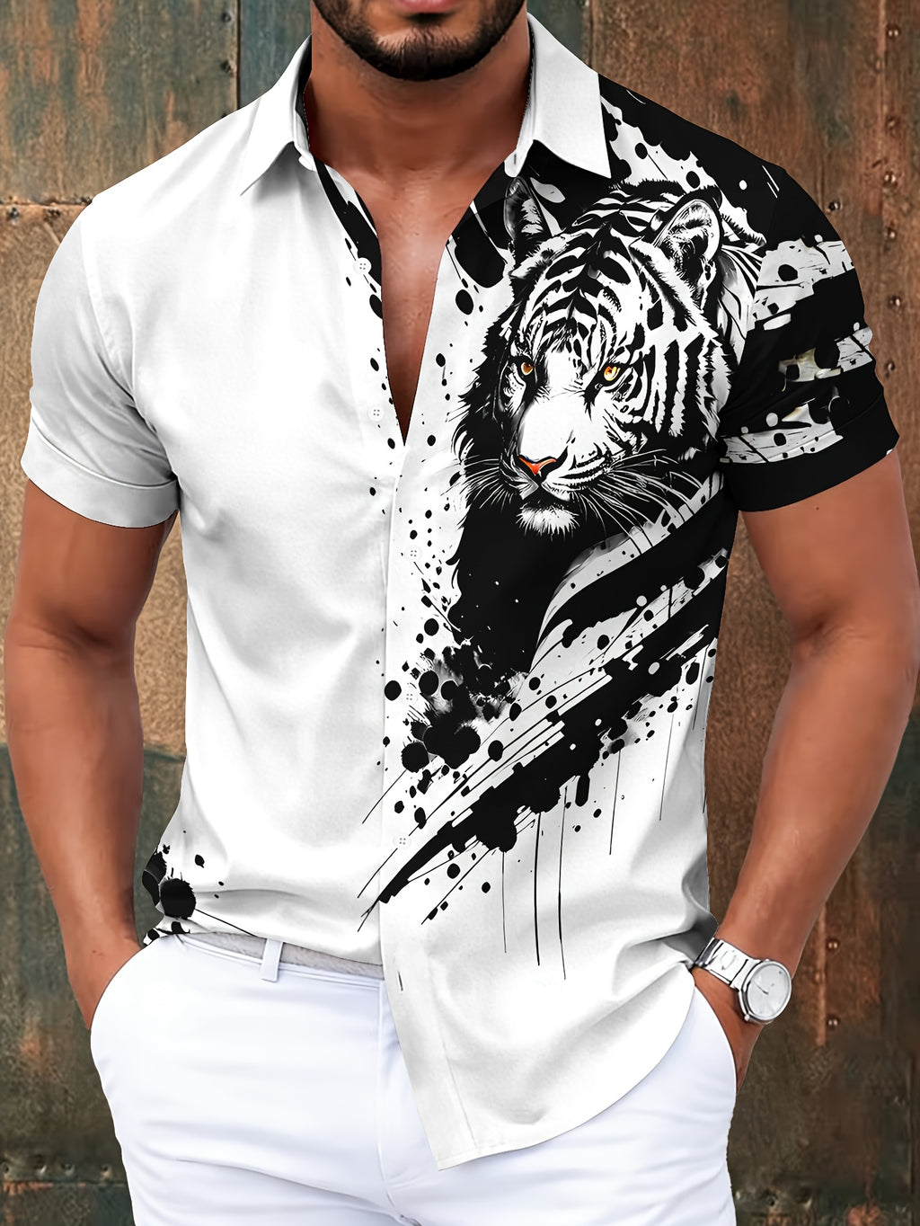 Casual Style Men'S Shirt, Print White Tiger Face with Black Ink Splatter, Summer Bold Animal Pattern Design