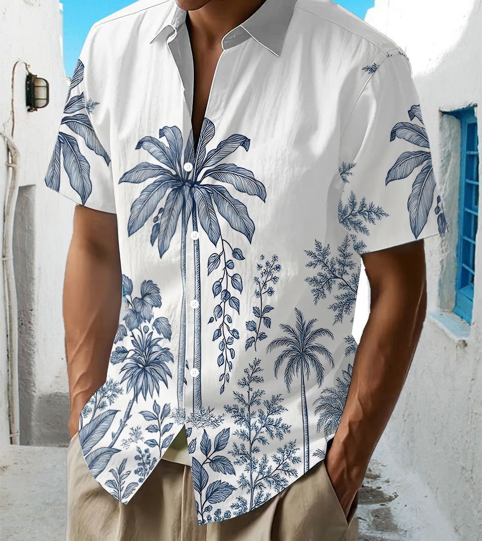 Men's Hawaiian Shirt with Full Palm Tree & Hawaiian Print - Short Sleeve Button-Up Loose Fit Casual Beachwear, Collar Button Front Shirt (Machine Washable Suitable for Summer, Vacation, Outdoor)