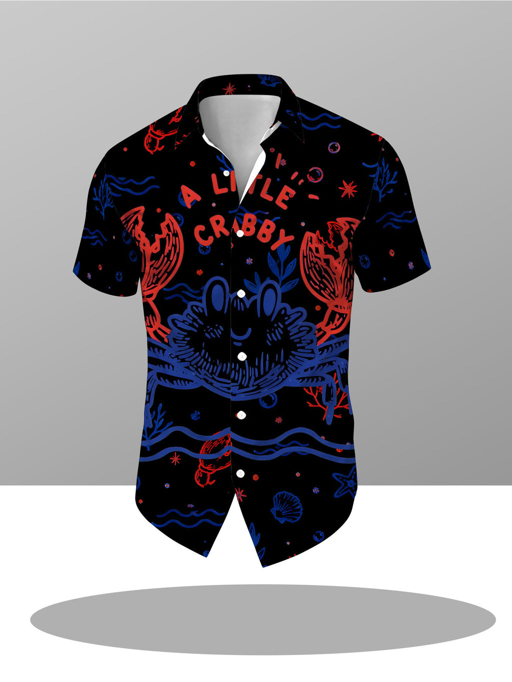 Men's Resort-style Shirt, Red and Blue Crab-themed Print, Summer Casual Top