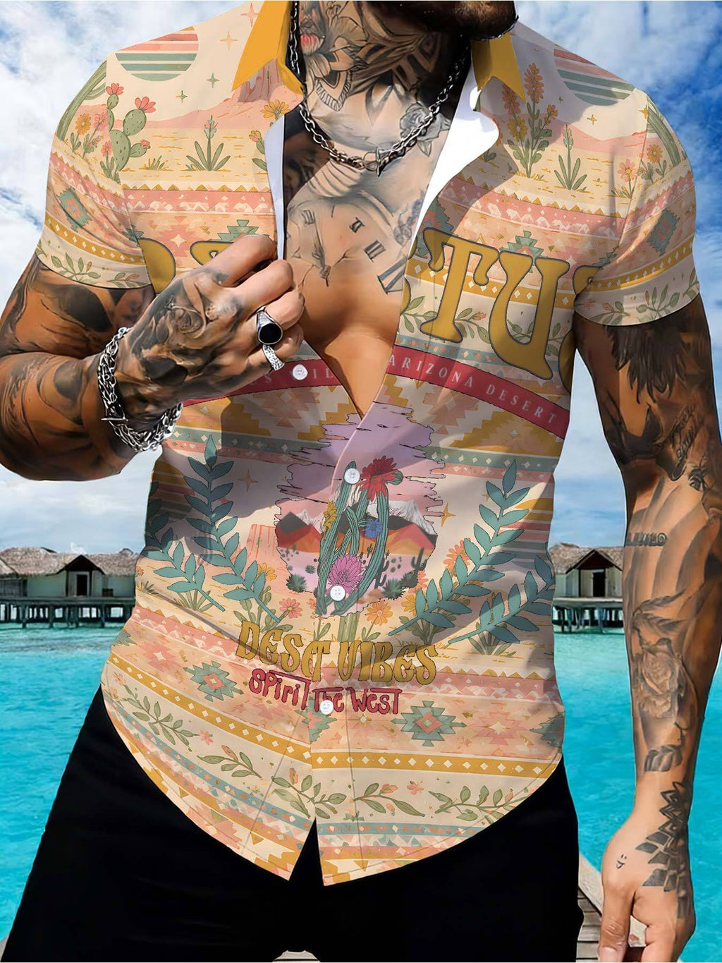 Men's Trendy Short-sleeve Shirt, Cactus Western-themed Print, Unique Retro Style for Casual Attire