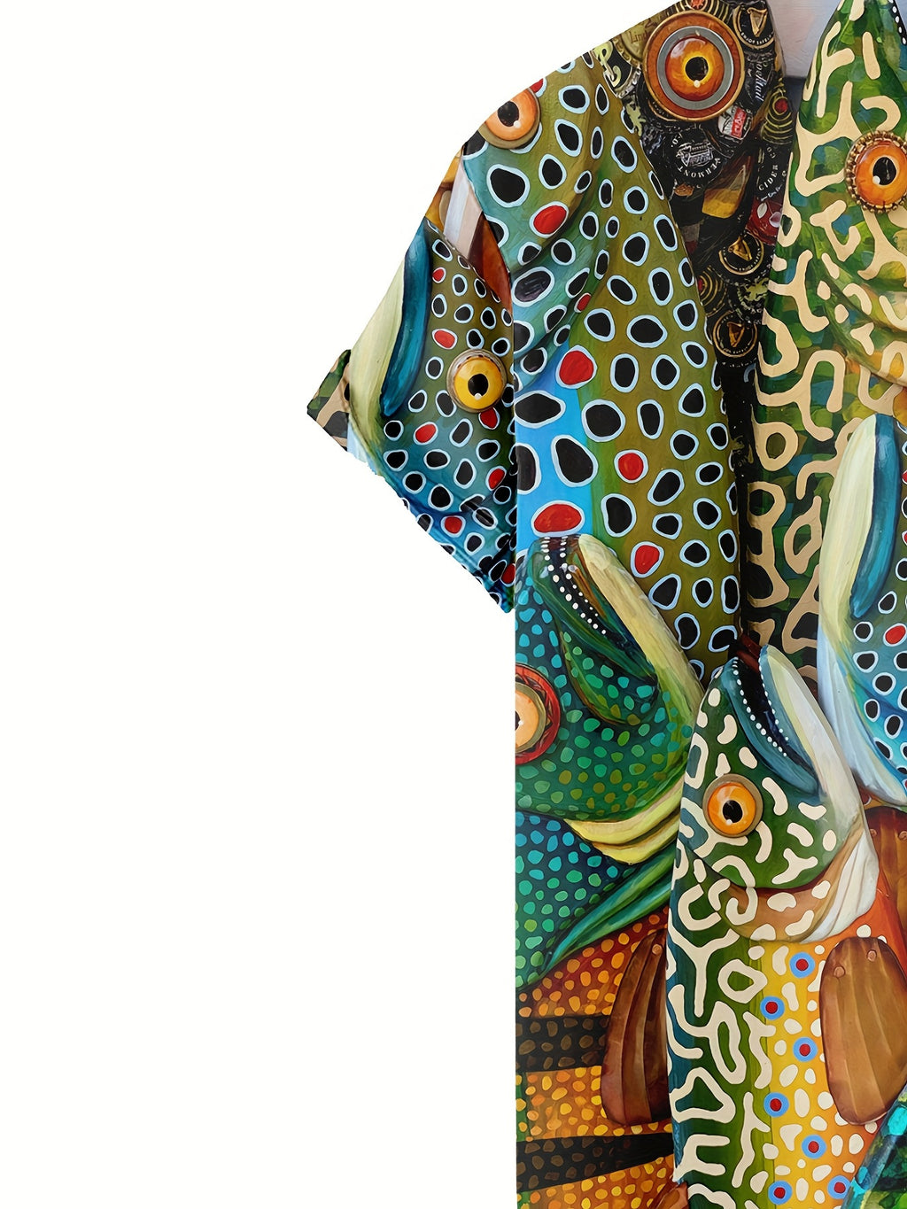 Men's Hawaiian Shirt - Tropical Fish Print Button-Front Beach Shirt, Opaque Fabric, Suitable for Summer Parties and Beach Trips as Casual Vacation Attire - Easy Care Bright Pattern Premium Button-Up Top