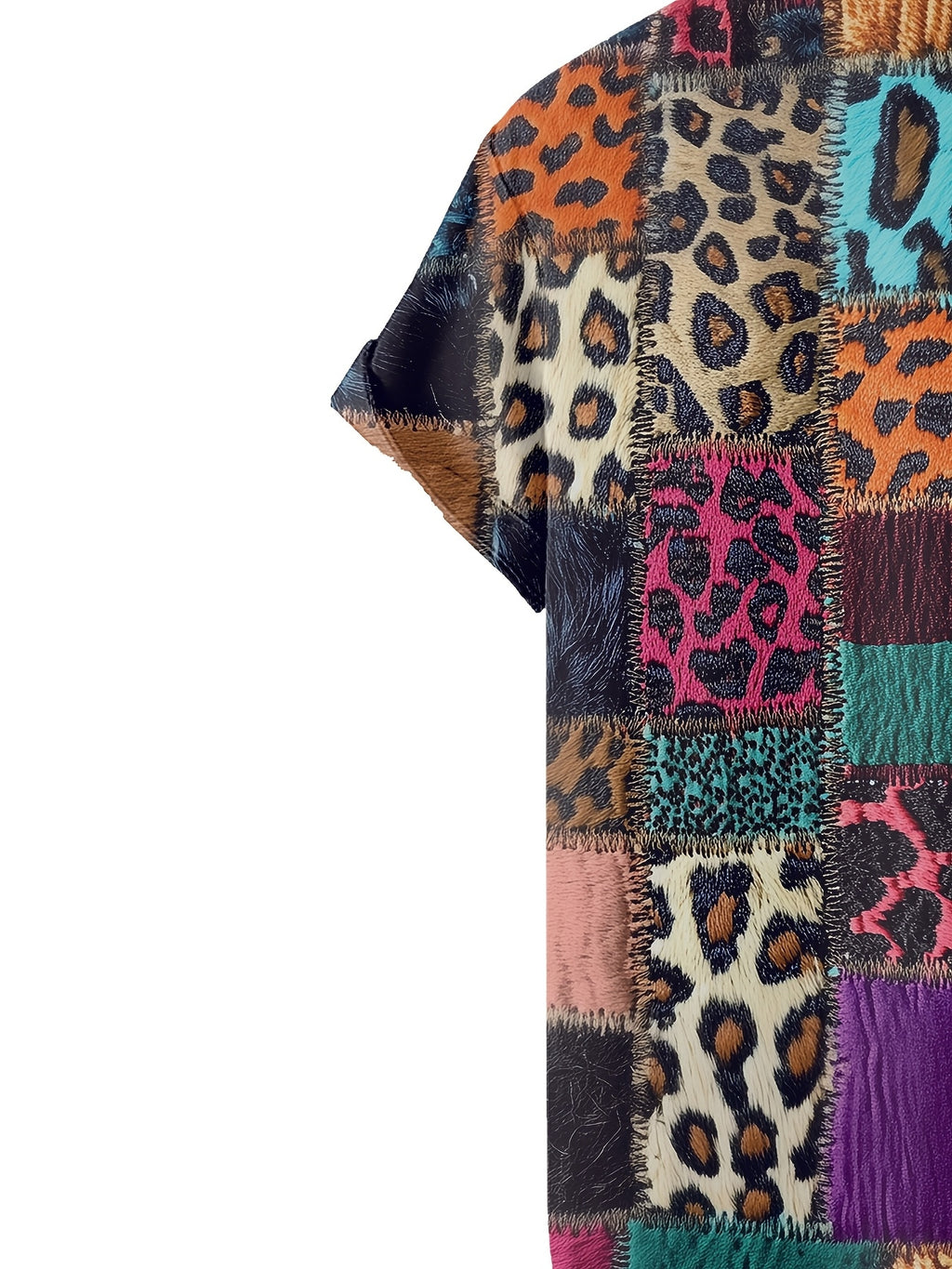 New Patchwork Leopard Print Short Sleeve Shirt, Men'S Casual Button-Up Short Sleeve Shirt Suitable for Beachwear, Vacation And Casual Outings, Casual Summer Top with Breathable Material, Summer Vacation, Casual Loose Fit Tropical Hawaiian Shirt