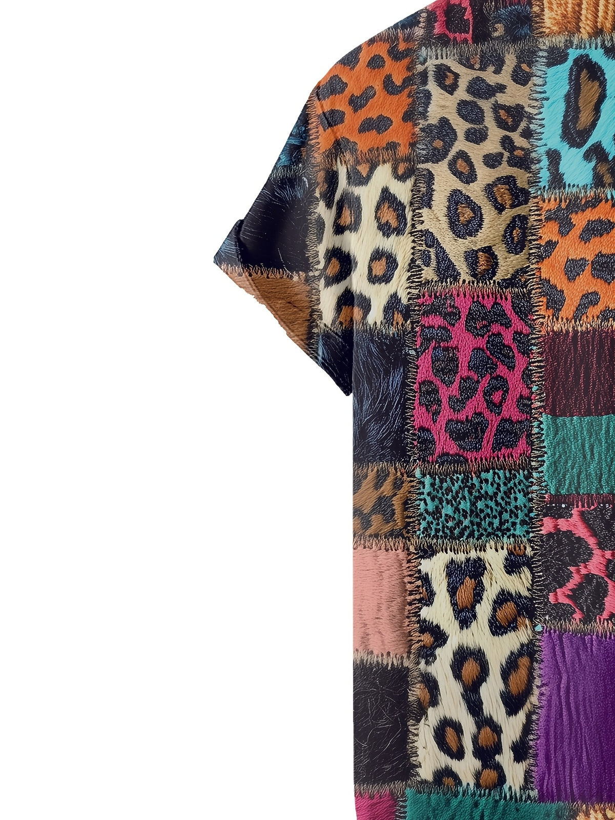 New Patchwork Leopard Print Short Sleeve Shirt, Men'S Casual Button-Up Short Sleeve Shirt Suitable for Beachwear, Vacation And Casual Outings, Casual Summer Top with Breathable Material, Summer Vacation, Casual Loose Fit Tropical Hawaiian Shirt