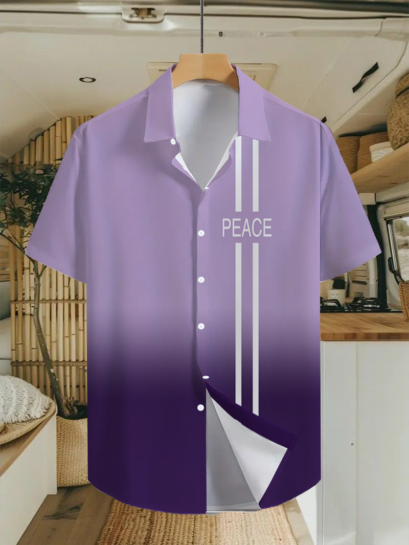 A Stylish Short-Sleeve Shirt Featuring a Dual Purple Gradient Pattern, Perfect for Tropical Summer Adventures. This Casual Button-Up Shirt Is Made from Lightweight