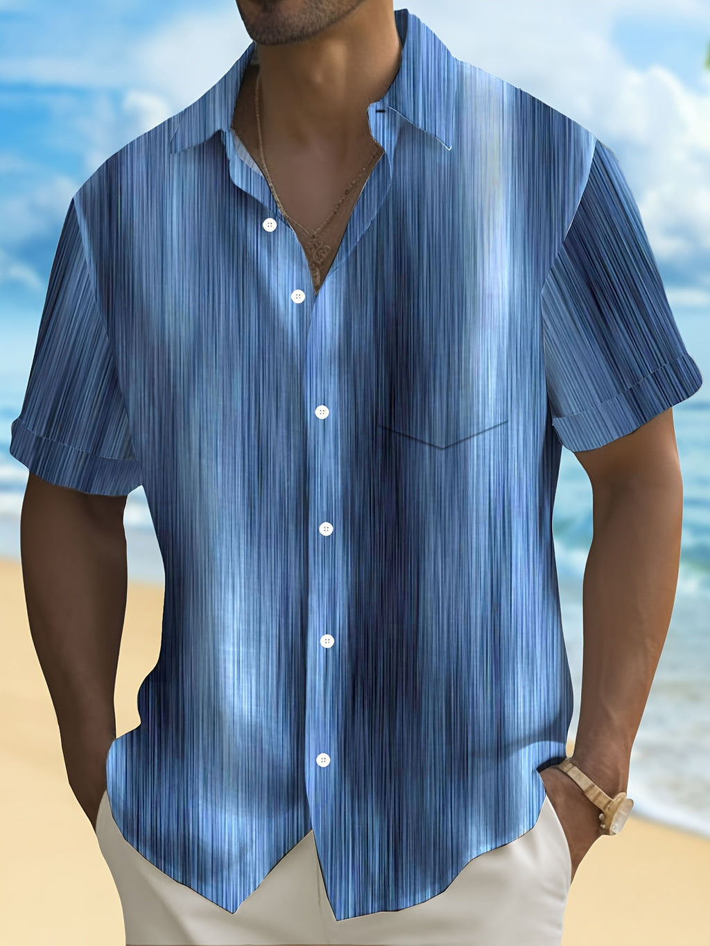 Vintage Gradient Stripe Texture Men's Button Pocket Shirt, PLUS SIZE