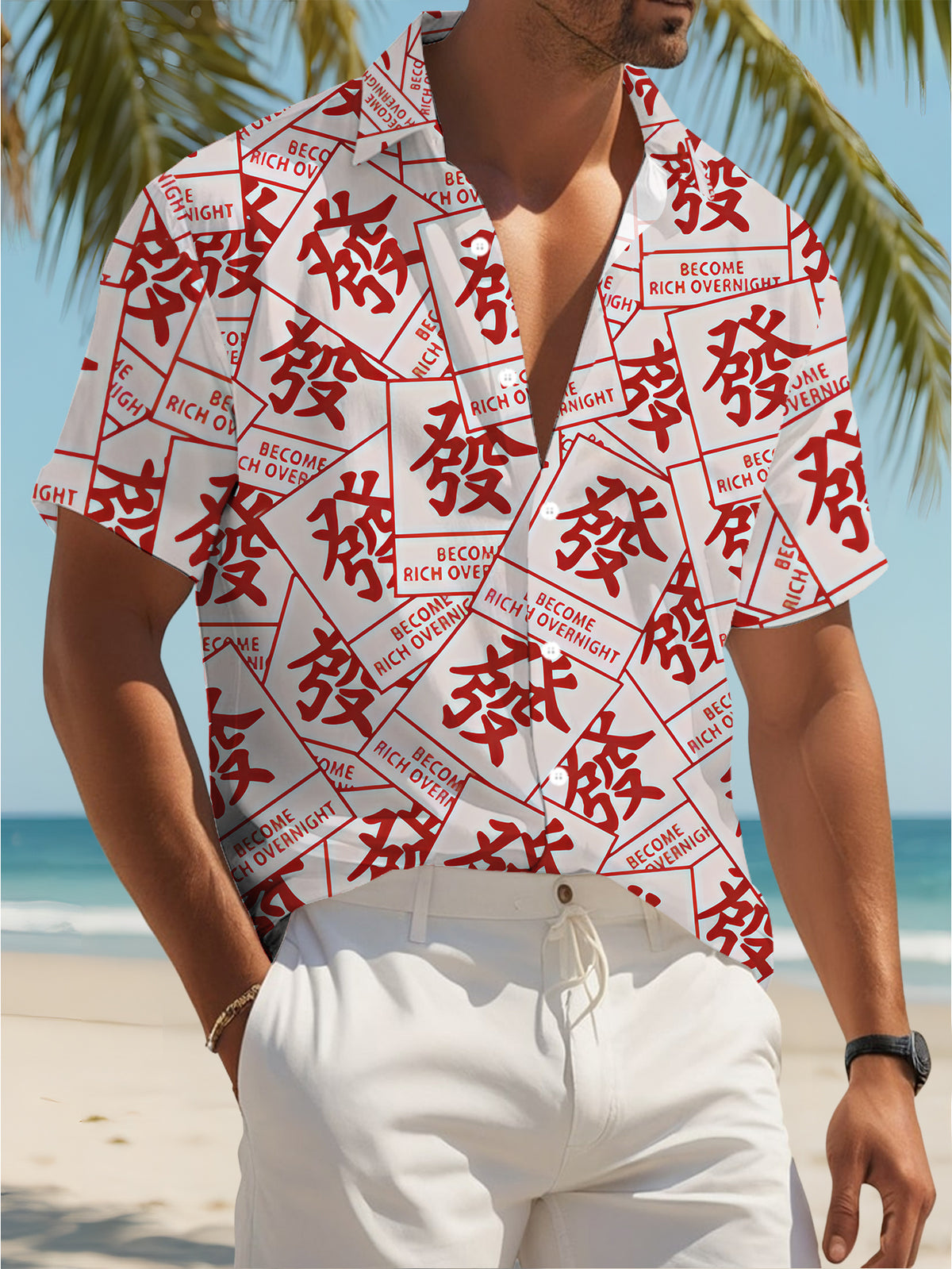 Chinese-style Men's Casual Shirt with Red and White Mahjong Pattern, Suitable for Summer Wear, Daily Outings, and Leisure Activities