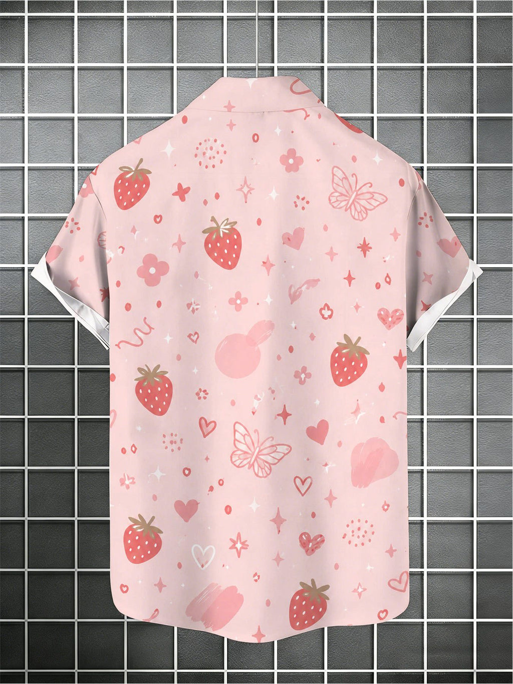 Men's Casual Short-sleeve Shirt, Butterfly, Heart, and Strawberry Digital Print, Light Pink Versatile Shirt