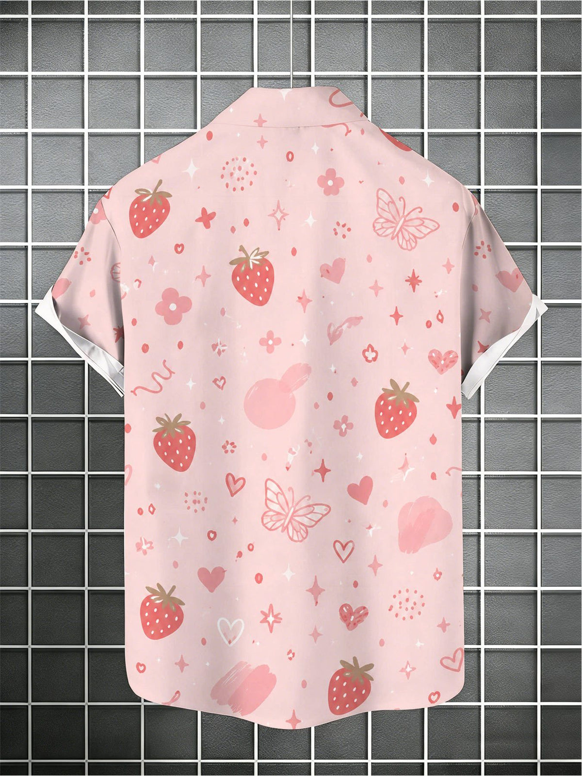 Men's Casual Short-sleeve Shirt, Butterfly, Heart, and Strawberry Digital Print, Light Pink Versatile Shirt