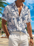 New Men'S Casual Short Sleeve Shirt, Blue And White Elegant All-Over Floral Pattern, Festive Gathering Commute Versatile, Polyester Fabric Machine Washable, Lightweight Summer Wear for Casual Outings And Daily Wear