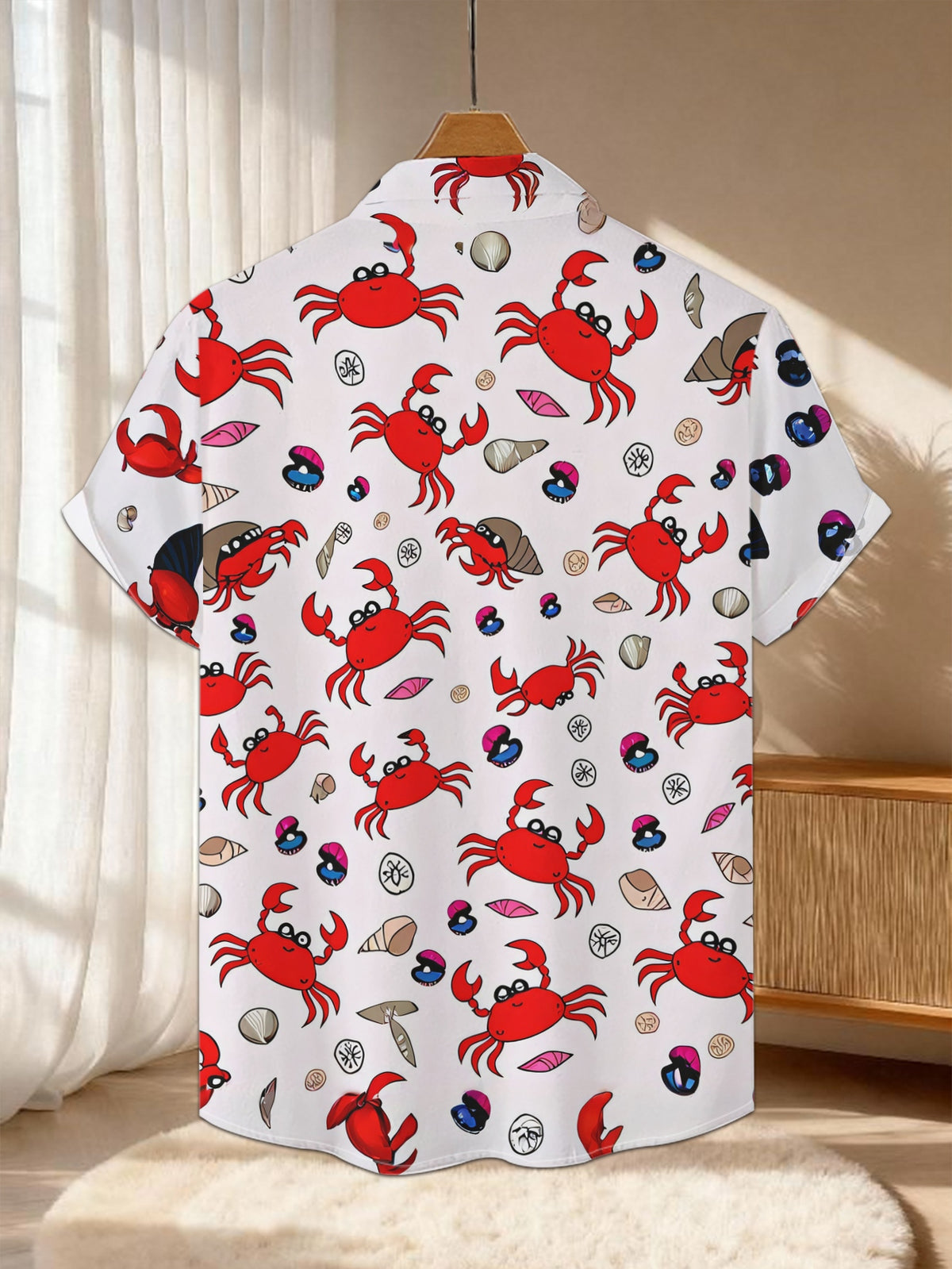 New Men'S Casual Short Sleeve Shirt, Red Crab Mixed Shells Full White Background Design, Festive Gathering Commute All-Match, Polyester Fabric Machine Washable, Button-Up Print Shirt