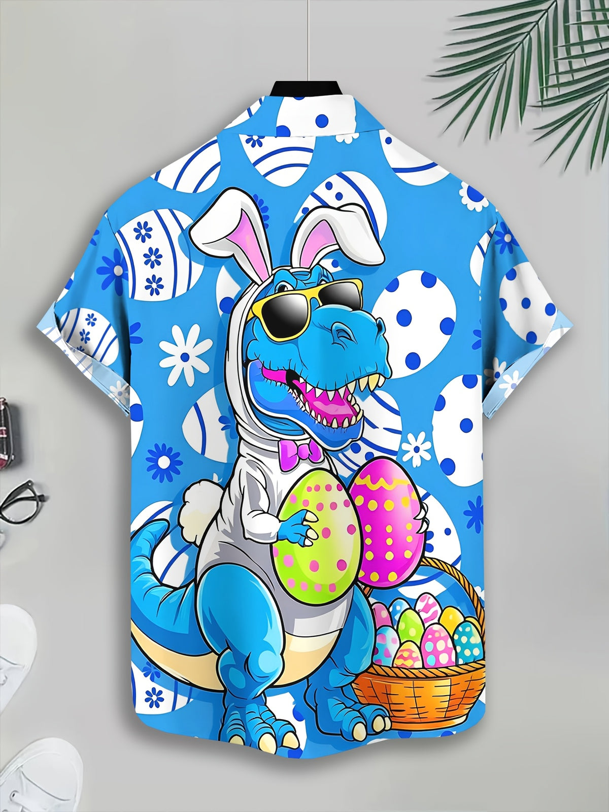 Hawaiian Style Men's Casual Shirt Print Blue Dinosaur Easter Bunny Pattern Spring Summer Fun Cartoon Character with Eggs And Basket