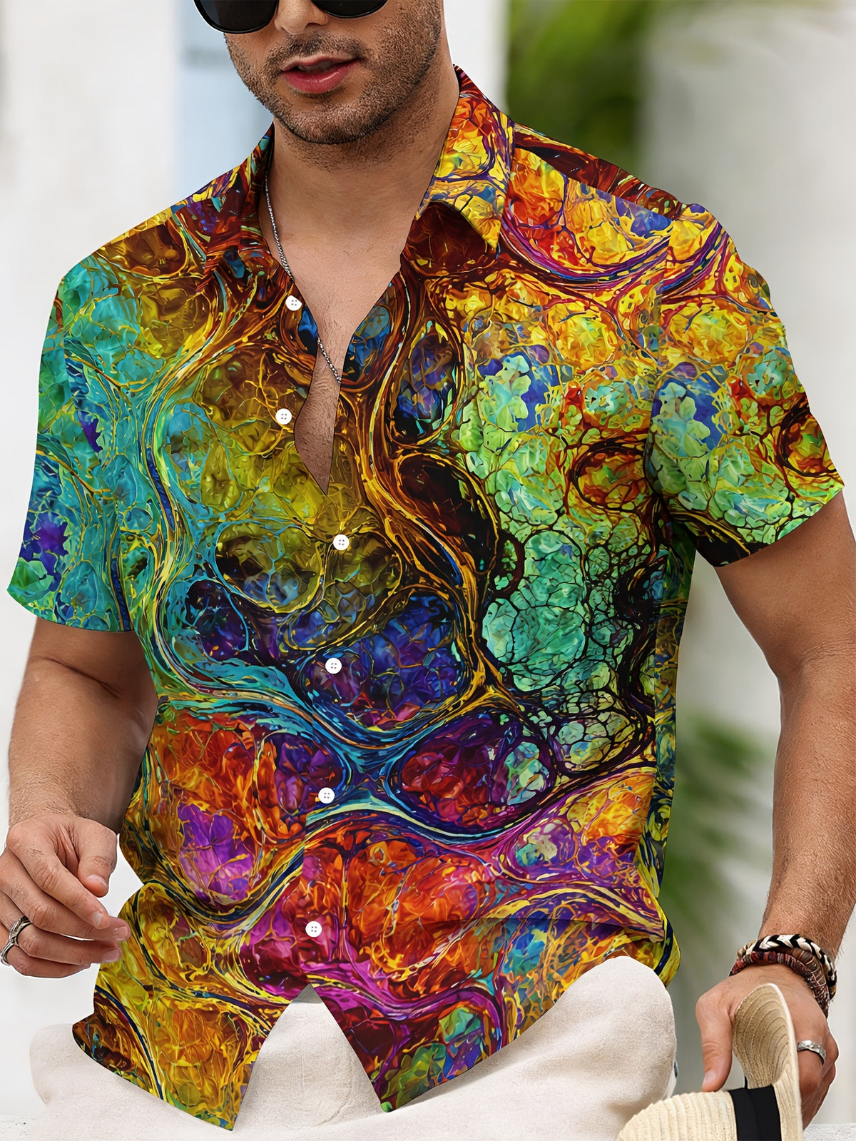 Colorful Abstract Art Men'S Casual Shirt, Vibrant Swirls And Patterns Print, Summer Bold Multicolor Design