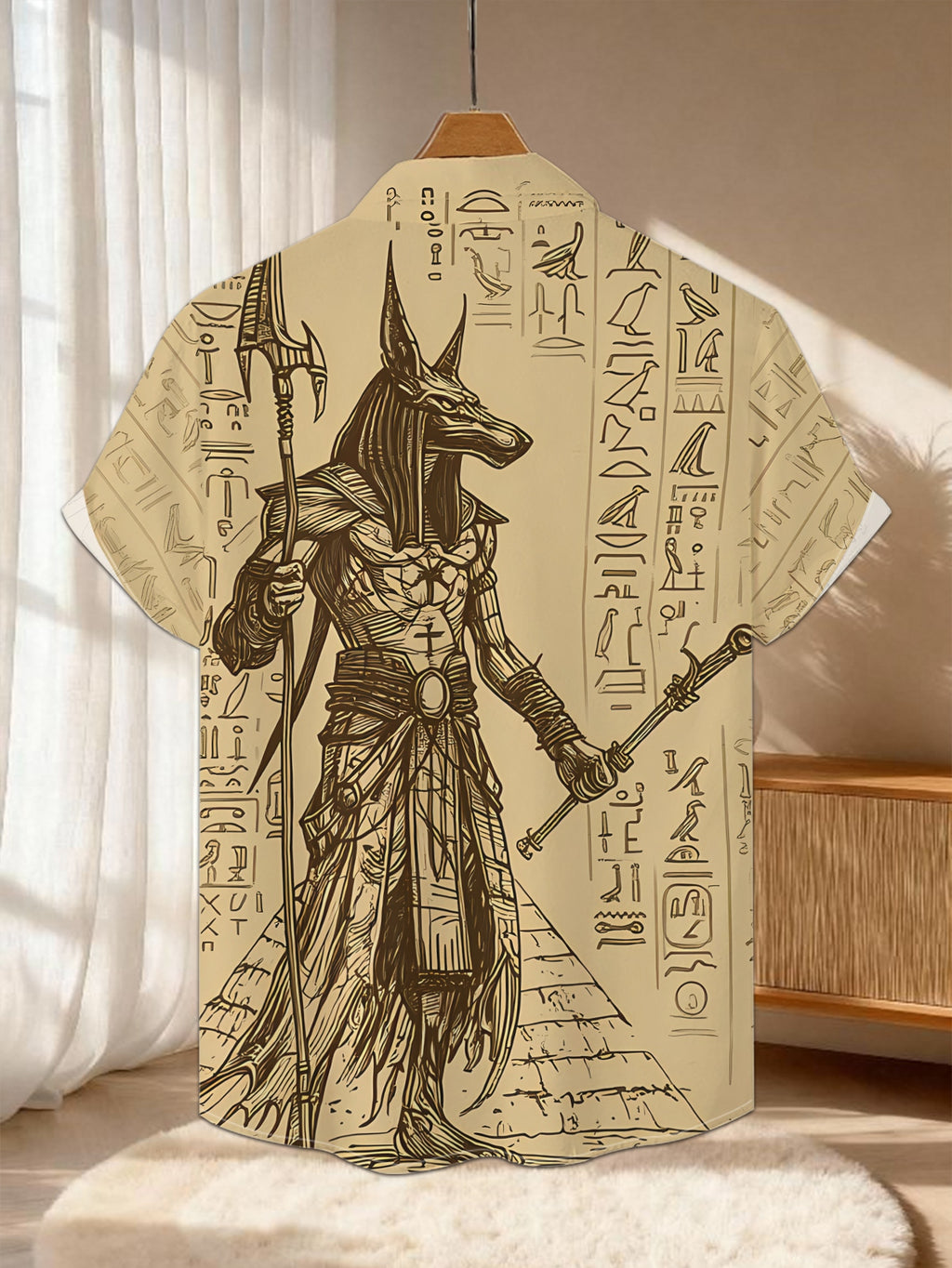 Men's Egyptian-Themed Short-Sleeve Shirt with Jackal Head & Hieroglyphic Print - Button- Collar, Loose Fit Button-Front Shirt Suitable for Holiday Parties, Commuting, Themed Events - Machine Washable Polyester Top