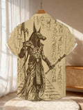 Men's Egyptian-Themed Short-Sleeve Shirt with Jackal Head & Hieroglyphic Print - Button- Collar, Loose Fit Button-Front Shirt Suitable for Holiday Parties, Commuting, Themed Events - Machine Washable Polyester Top