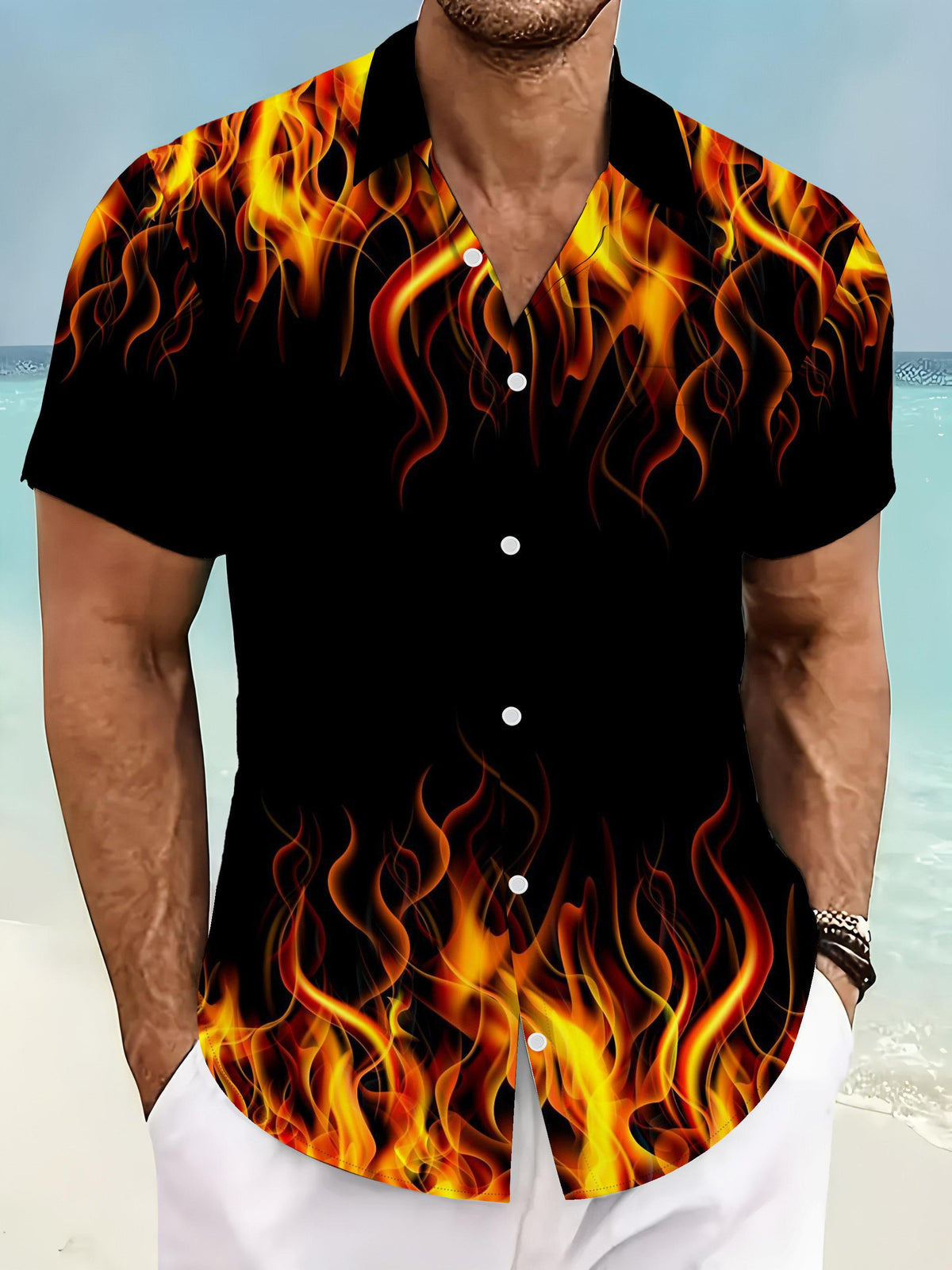 Trendy Individual Fashion Men'S Short Sleeve Shirt with Flame Print Black Background with Red And Yellow Flames Suitable for Casual Daily Wear