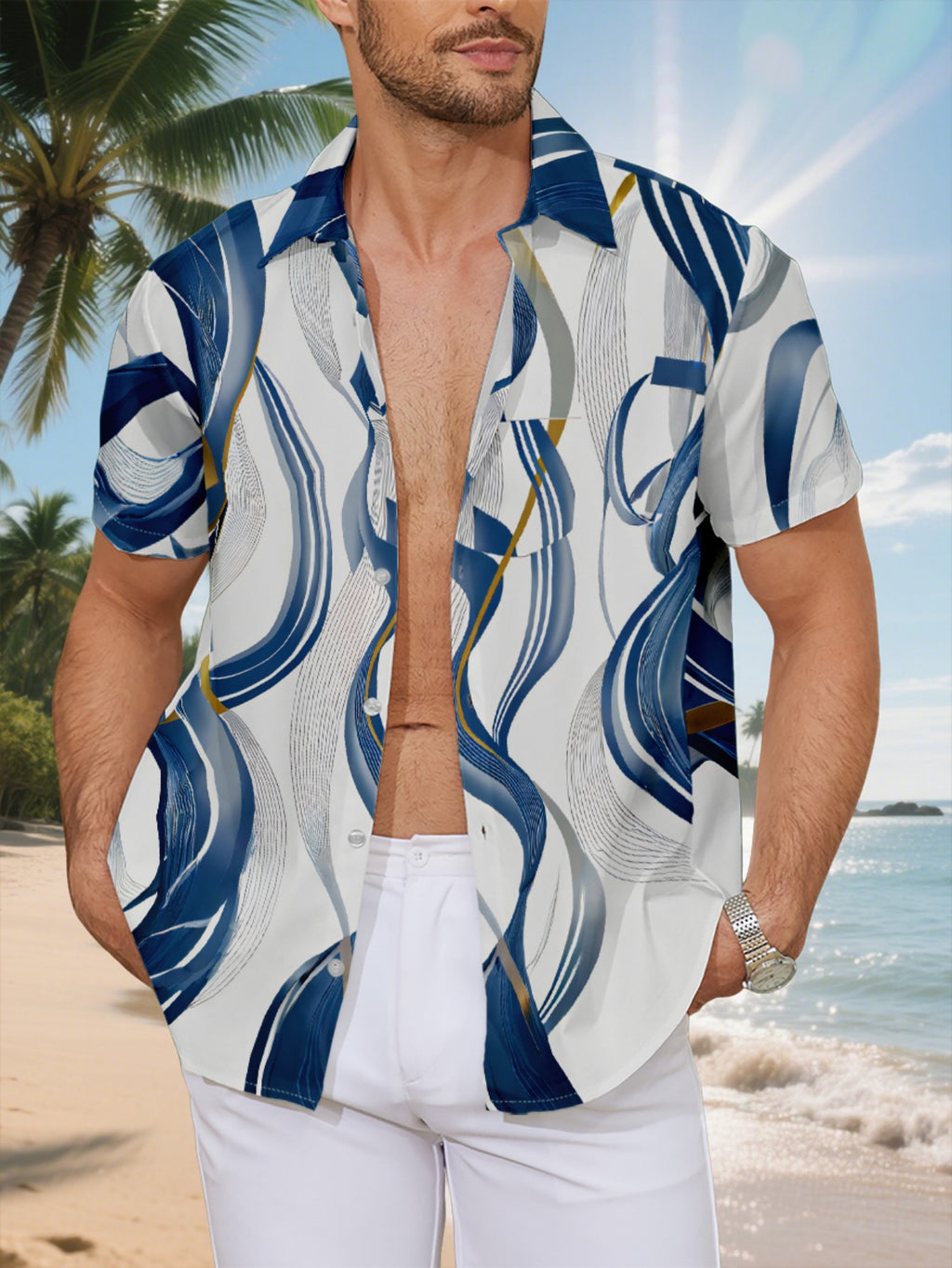 New Men's Casual Short-Sleeve Shirt, Blue and Golden Streamlined Intertwined Pattern, Dynamic and Writhing Stretch, Versatile for Holiday Parties and Commuting, Polyester Fabric, Machine Washable, Button-Up Printed Shirt