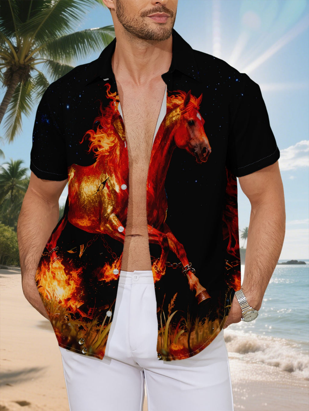 New Men'S Casual Short-Sleeved Shirt, Fiery Horses Under The Starry Night Break Free from Iron Chains And Gallop Through Fire, Versatile for Holiday Gatherings And Commuting, Polyester Fiber Fabric Is Machine Washable, Button- Print Shirt