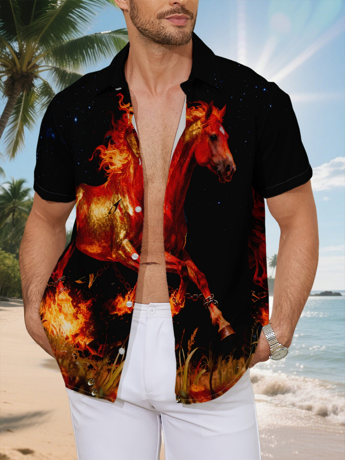 New Men'S Casual Short-Sleeved Shirt, Fiery Horses Under The Starry Night Break Free from Iron Chains And Gallop Through Fire, Versatile for Holiday Gatherings And Commuting, Polyester Fiber Fabric Is Machine Washable, Button- Print Shirt