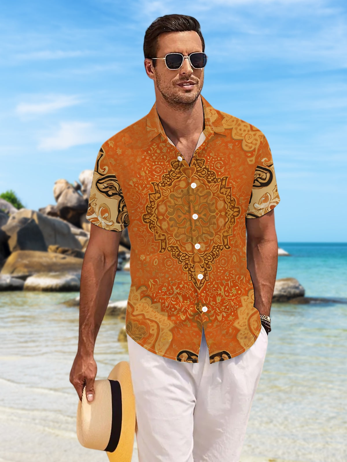 New Men's Casual Short-Sleeve Shirt, Orange Base with Golden-Brown Intertwined Vine Pattern, Symmetrical, Intricate, and Elegant, Versatile for Holiday Parties and Commuting, Polyester Fiber Fabric, Machine Washable, Button-Up Printed Shirt
