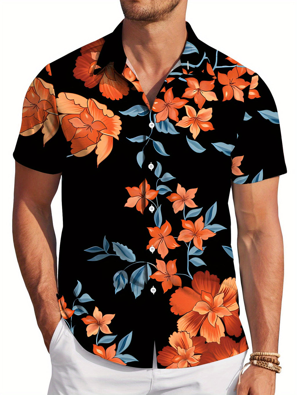 Men's Bohemian Style Printed Short-Sleeve Shirt - Regular Fit, Black Base with Vibrant Orange Flowers and Green Leaves Pattern, Suitable for All Seasons for Casual and Formal Wear, Daily Commuting, Parties, Office, Elegant New Year Top, Opaque Fabric