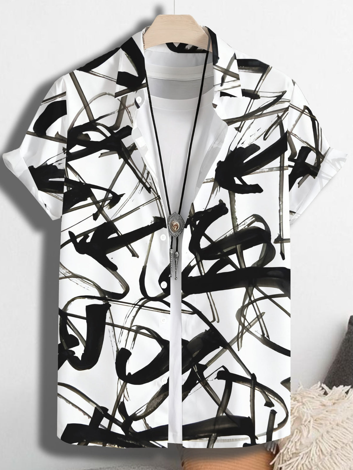 Hawaiian Tropical Black Striped Print Men'S Casual Shirt - Short Sleeve Button Design, Suitable for Outdoor And Casual Wear in Summer