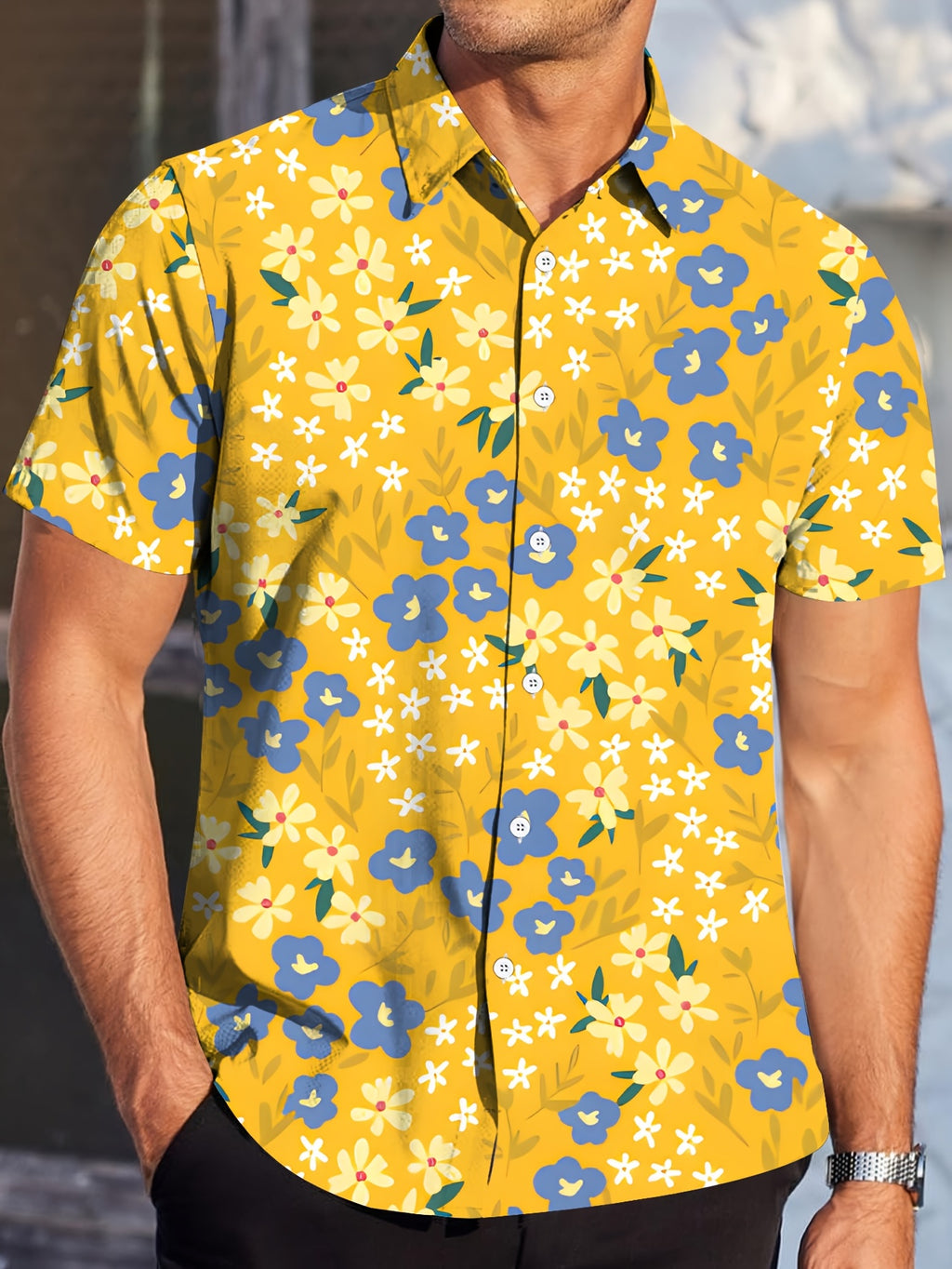 Men'S Casual Floral Short-Sleeve Button- Shirt - Light Green with White Daisy Print