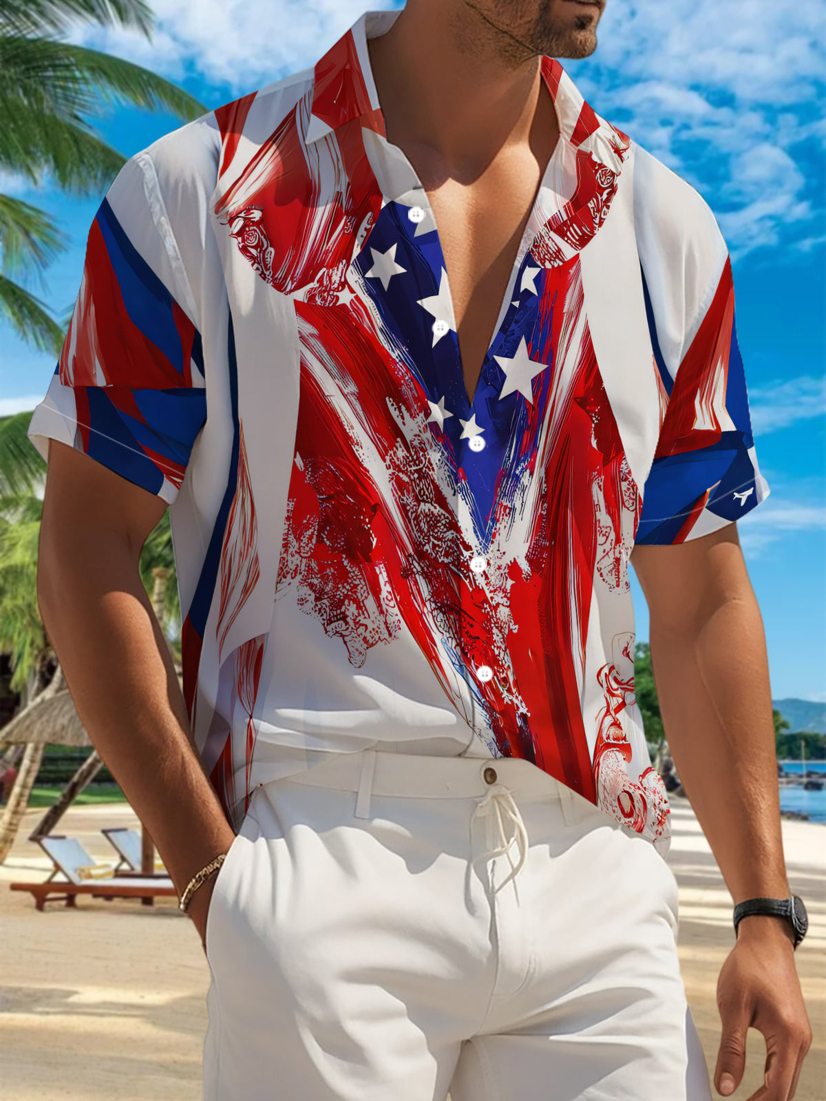New Men's Casual Short-Sleeve Shirt with Red, Blue, and White Star Pattern, Bold Abstract Style, Versatile for Holiday Parties and Commuting, Polyester Fabric, Machine Washable, Button-Up Printed Shirt