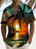 Men'S Tropical Beach Sunset Print Short-Sleeve Shirt - Made of 100% Lightweight 120G, Featuring Vibrant Palm Trees And Ocean Patterns, a Regular Fit Casual Top Suitable for Adults And Teens for Weekend Outdoor Beach Attire, Summer Wear