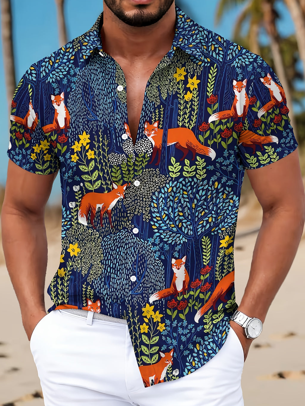 Men's Casual Shirt Print Navy Blue Fox And Flowers Pattern Summer Vibrant Wildlife Design