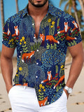 Men's Casual Shirt Print Navy Blue Fox And Flowers Pattern Summer Vibrant Wildlife Design
