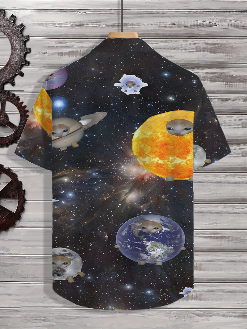 Men's Casual Hawaiian Tropical Shirt with Black Starry Sky and Planetary Element Fun Print - Short Sleeve Button-Up Design, for Summer Outdoor and Casual Wear, Daily Outfits