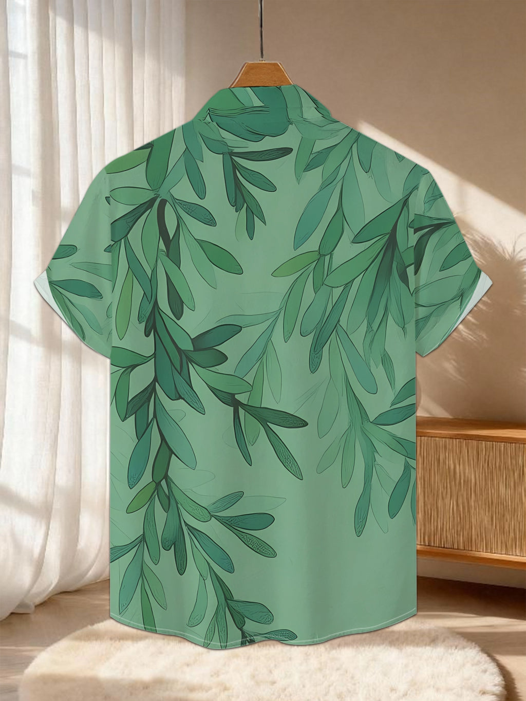 New Men'S Casual Short-Sleeve Shirt with a Teal Background Adorned with Cascading Dark Green Leaves, Perfect for Holiday Gatherings And Commuting. Made from Machine-Washable Polyester Fabric, Featuring a Button-Up Print Design