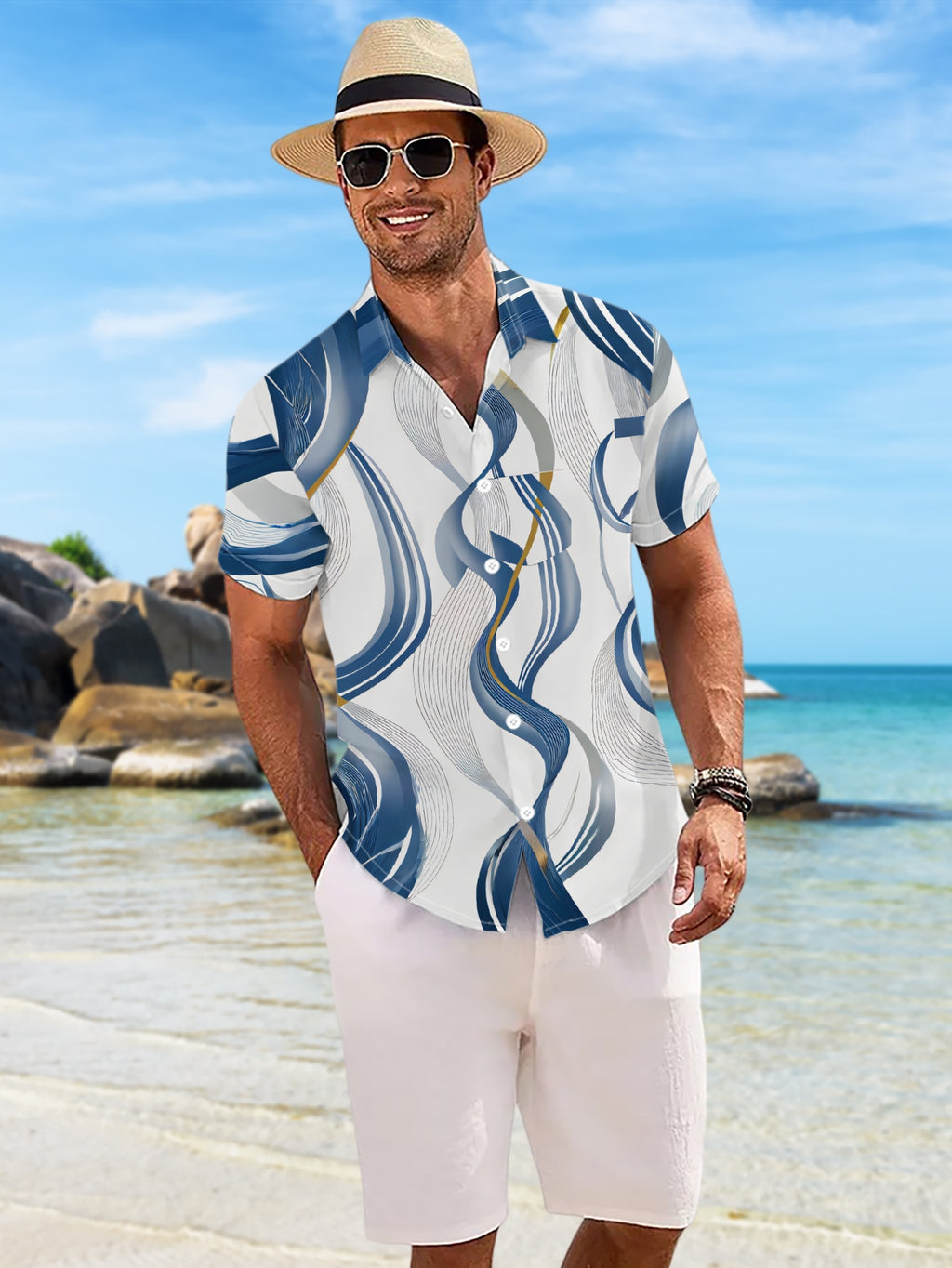 New Men's Casual Short-Sleeve Shirt, Blue and Golden Streamlined Intertwined Pattern, Dynamic and Writhing Stretch, Versatile for Holiday Parties and Commuting, Polyester Fabric, Machine Washable, Button-Up Printed Shirt