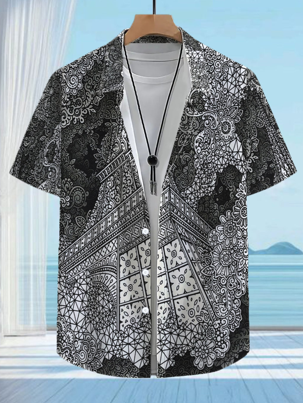 Men's Tropical Paisley Print Short Sleeve Button- Shirt - Loose Fit Collar Summer Beach Shirt with Full-Body Leaf & flower Patterns, Casual Outdoor Wear for Hawaiian Vacations & Everyday Use (Non-Stretch Fabric)