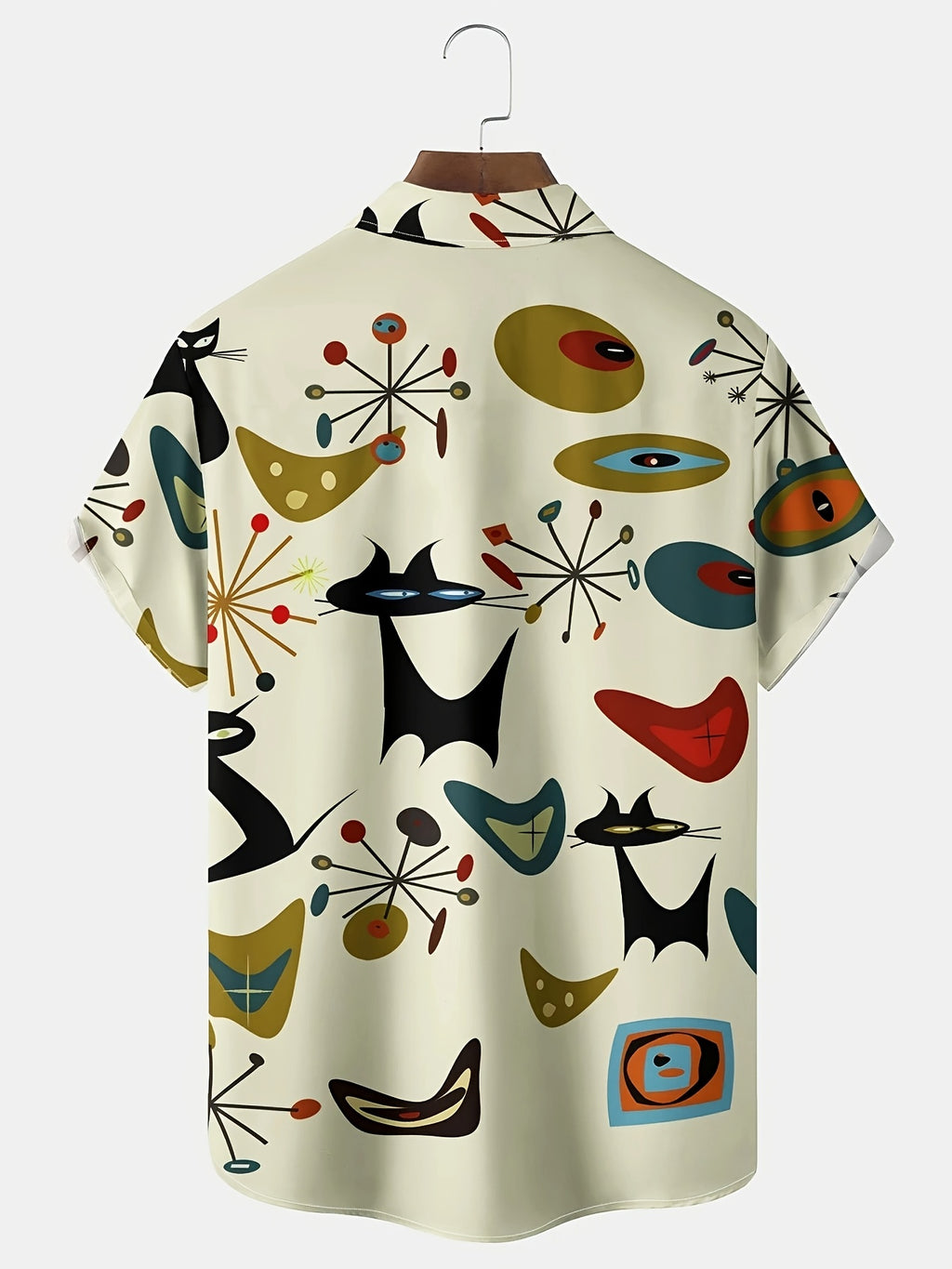 Vintage Medieval Geometric Atomic Cat Print Men's Big & Tall Button- Short Sleeve Shirt, PLUS SIZE