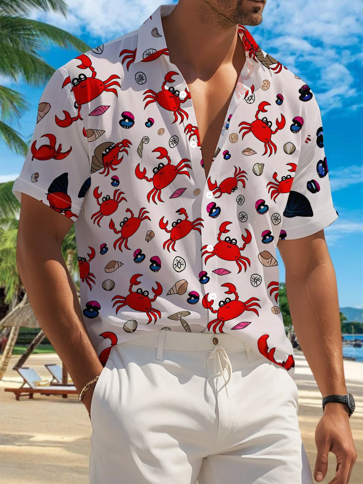 New Men'S Casual Short Sleeve Shirt, Red Crab Mixed Shells Full White Background Design, Festive Gathering Commute All-Match, Polyester Fabric Machine Washable, Button-Up Print Shirt