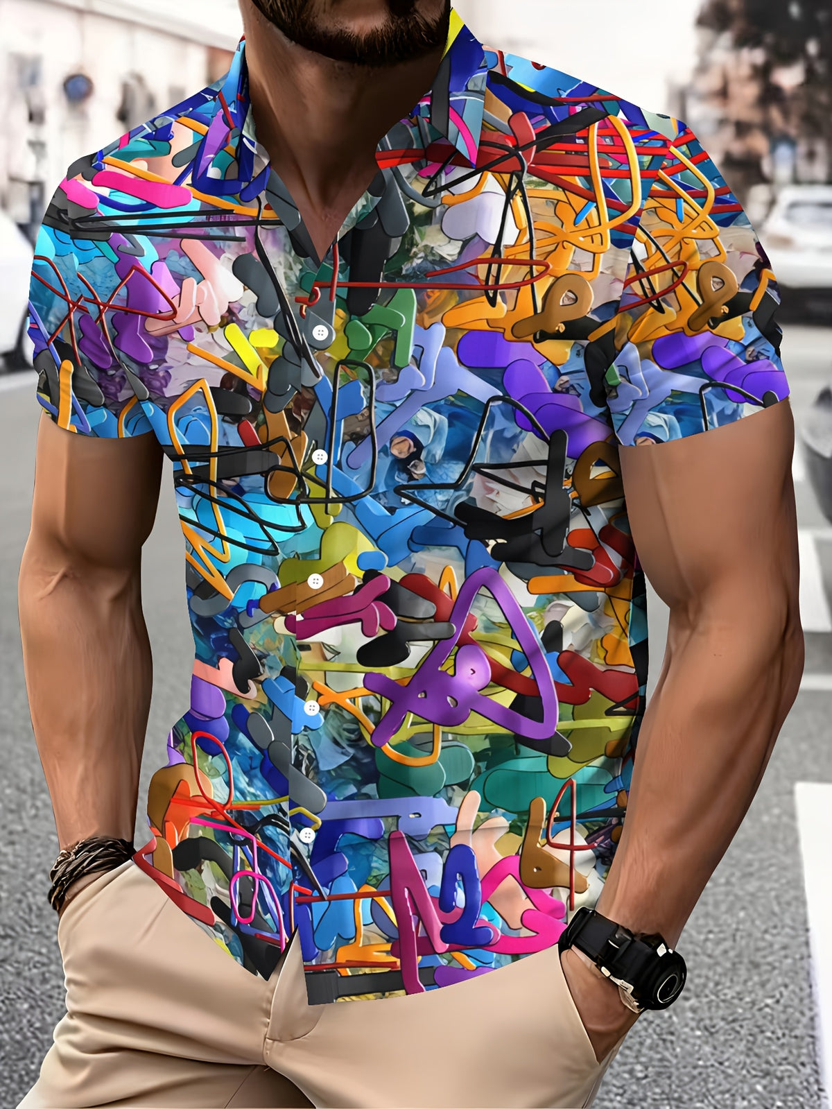 Colorful Abstract Art Men'S Casual Shirt Summer Vibrant Geometric Shapes And Bold Lines Pattern