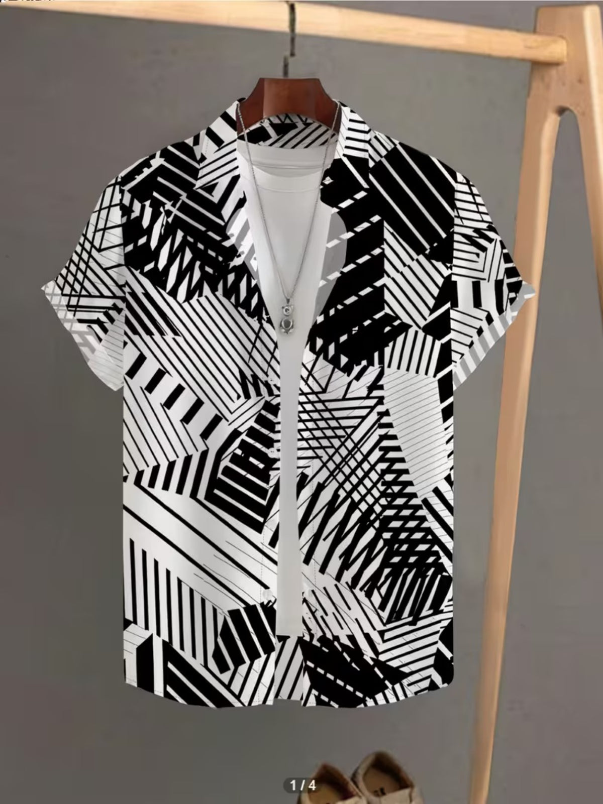 Hawaiian Black and White Line Print Men's Casual Shirt - Short Sleeve Button-Up Design, Vibrant Colors, Summer Outdoor and Casual Wear, Machine Washable