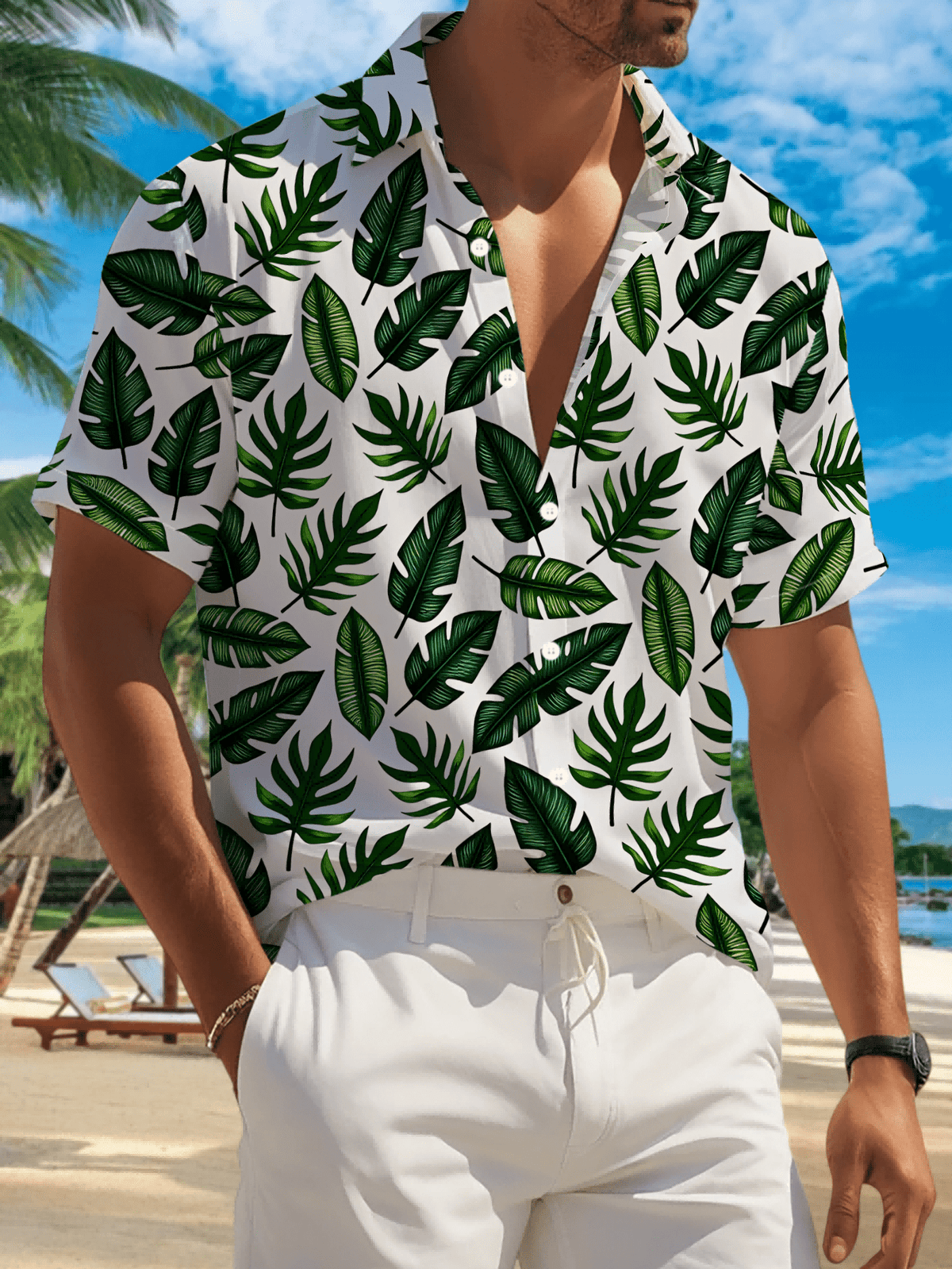 New Men's Casual Short-Sleeve Shirt with All-Over Dark Green Tropical Leaf Pattern on White Background, Versatile for Holiday Parties and Commuting. Made of Polyester Fiber, Machine Washable, Lightweight for Summer. Suitable for Casual Wear