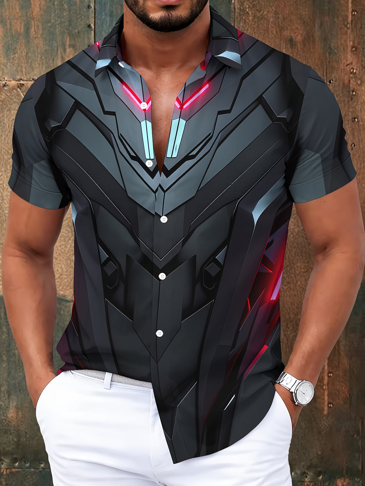 Futuristic Cyberpunk Men'S Casual Shirt, Print Black And Red Armor Design, Summer Neon Light Accents