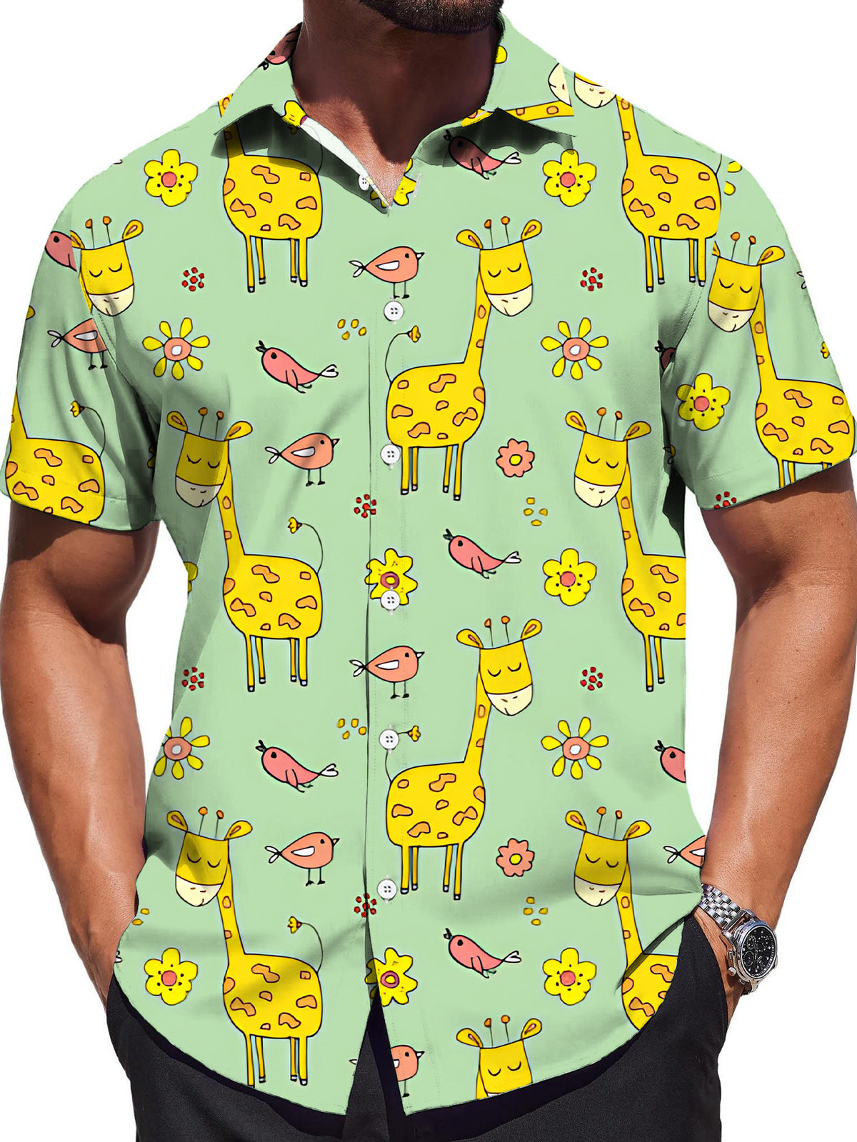 [Print Design - Not Texture] Short Sleeve Shirt Men'S Trendy Digital Print Short Sleeve Shirt Yellow Green Pink Cartoon Animal Pattern Fashionable And Grand Street/Trendy/Print/Clothing/Apparel/Summer/Men