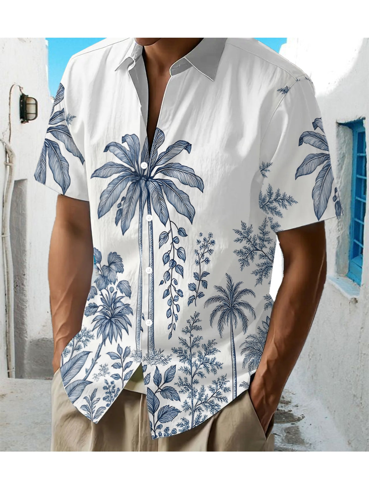 Men's Hawaiian Shirt with Full Palm Tree & Hawaiian Print - Short Sleeve Button-Up Loose Fit Casual Beachwear, Collar Button Front Shirt (Machine Washable Suitable for Summer, Vacation, Outdoor)